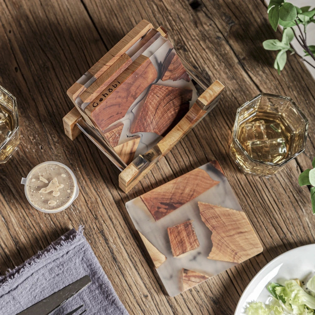 Gohobi Large Square Cedar Wood Coaster Set with Holder – 7 Piece Set