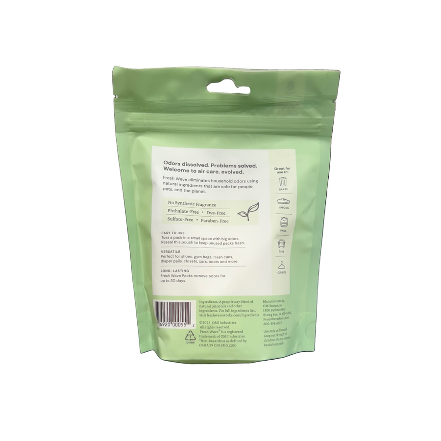 Green package with text and a barcode on a white background