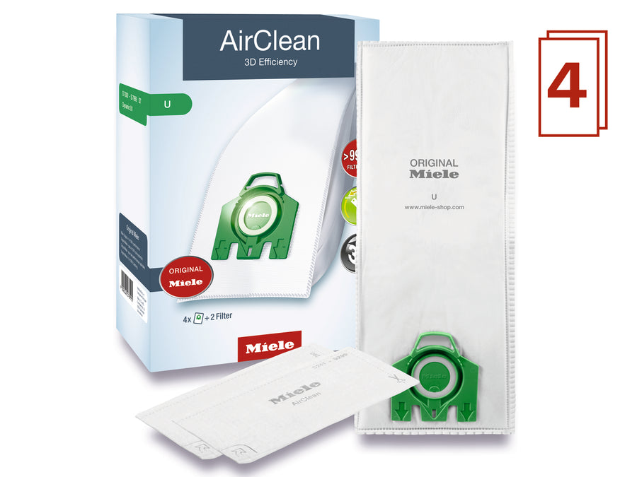 Miele Airclean vacuum cleaner bags with packaging on a white background